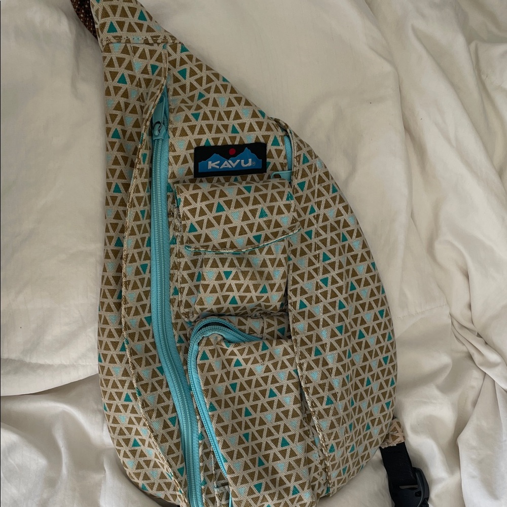 Kavu Geometric Patterned Belt Bag in Tan and Blue